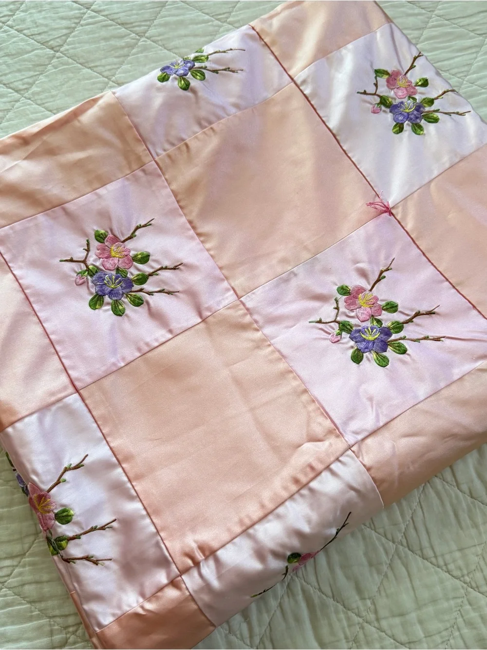 Rare Handmade Vintage Satin Embroidered Floral Bedspread Coverlet 74” x 86”
